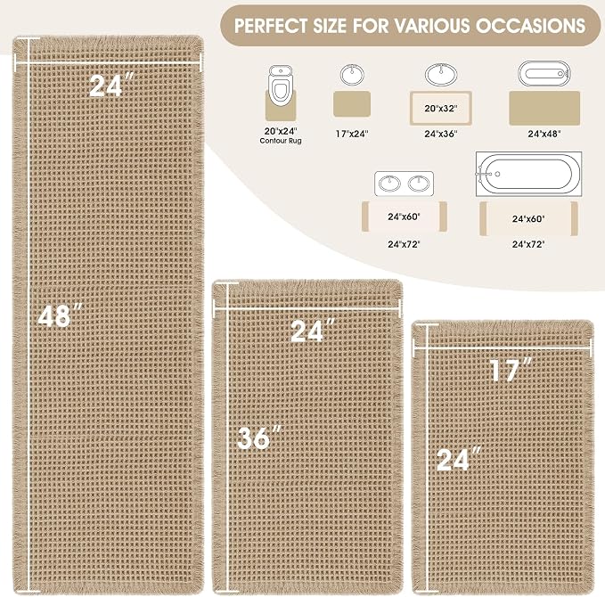 Upgraded Waffle Bath Mat Set 3 Piece Beige, Super Absorbent Non-Slip Quick Dry Bathroom Rugs with Tassels, Machine Washable Ultra Soft Boho Bath Rugs for Floor, Toilet Mats Boho Farmhouse Decor