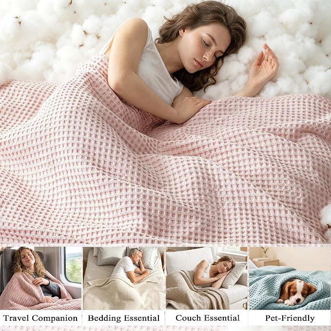 Exclusivo Mezcla Pre-Washed 100% Cotton Waffle Blanket King Size for Bed, 330GSM Lightweight Breathable Summer Blankets, Soft and Cozy, Home Decor, Pink, 104x90 Inches