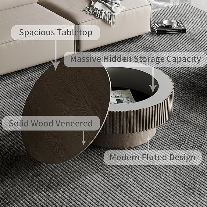 31.5" Storage Coffee Table Round Modern Coffee Table for Living Room, Circle Wood Center Tea Table Drum Accent End Table, with Hidden Space & Sturdy Base & Minimalist Fluted Side, Grey