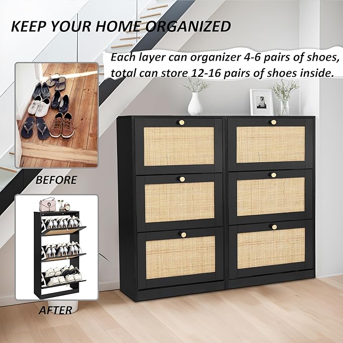 Finnhomy 3 Tier Shoe Cabinet with Natural Rattan Flip Drawers for Entryway, Free Standing Slim Shoe Storage Organizer with Large Top Board, Shoe Cabinet with Adjustable Width Drawers, Black
