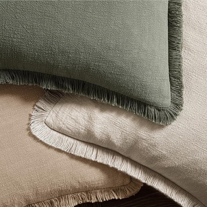 MIULEE Decorative Throw Pillow Covers Neutral Linen Fringe Throw Pillows Euro Shams Set of 2 Camel Boho Farmhouse Cushion Covers for Couch Sofa Bed Living Room Spring Home Decor 22x22 Inch