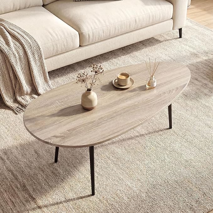Giantex Oval Coffee Table, Mid Century Modern Center Table with Sturdy Metal Frame and Compact Design, Vintage Accent Cocktail Tea Table, Wood Living Room Tables for Small Spaces (Grey Oak)