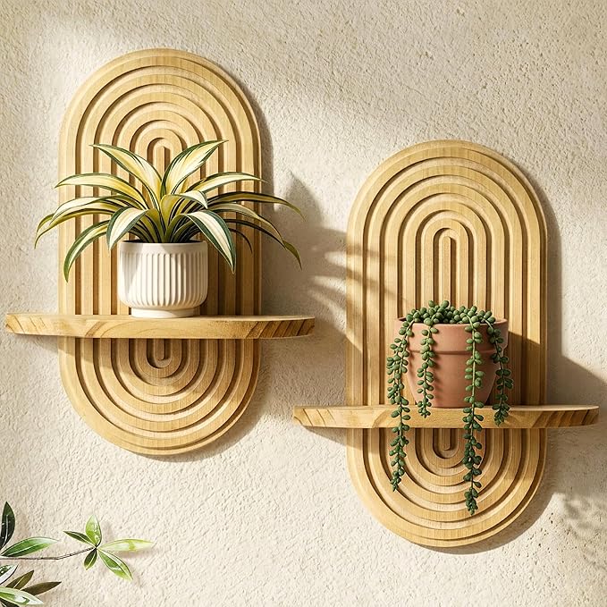 Heiple Set of 2 Boho Arched Floating Shelves 15.7”x 7.8” Plant Wooden Hanging Shelf for Living Room Bedroom Nursery Mid Century Modern Wall Decor Office Holding Planter (Brown, 11.7 * 15.7)