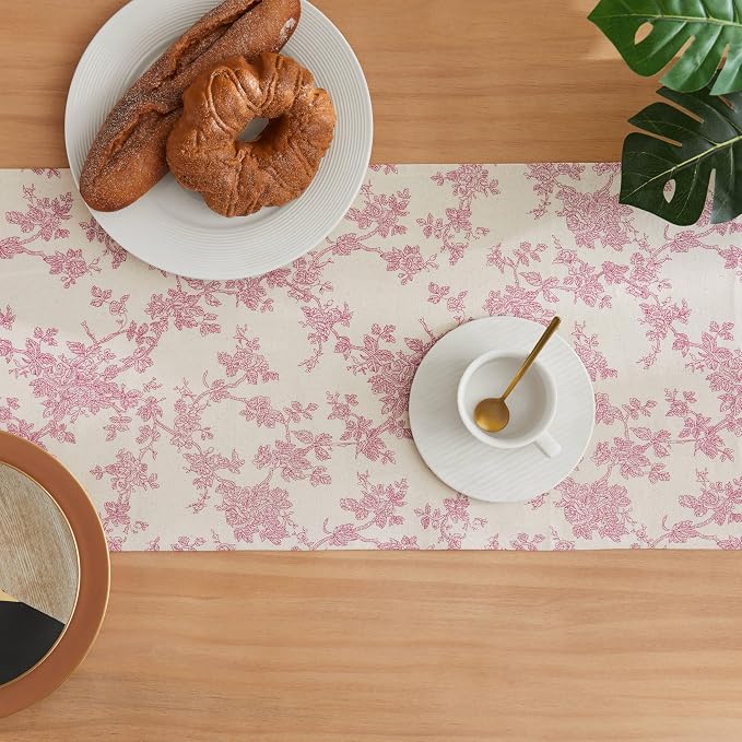 100% Cotton French Pastoral Table Runners, 13x90 Inch Pink Farmhouse Table Runners 90 Inches Long, Vintage Flowers Print Home Decors