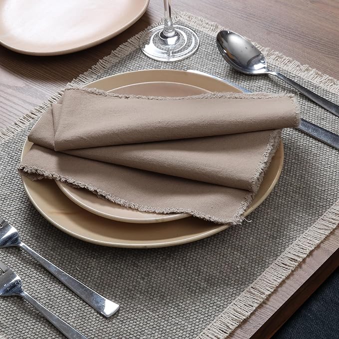 Ramanta Home Cloth Napkins Set of 4 Desert Beige 18x18 Inch - Spring Soft & Durable Frayed Dinner Napkin for Easter Wedding, Birthday | Heavy Weight Fabric Table Linen for Everyday Use Family Dinners