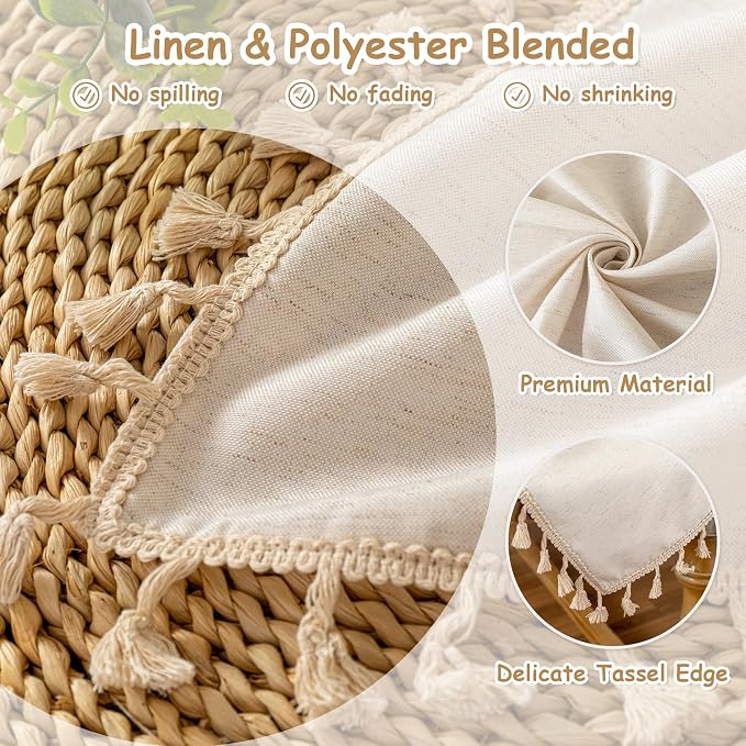 MYSKY HOME Rectangle Tablecloth, 60x60 inches, Heavy Duty Cotton Tassel Linen Look Waterproof Farmhouse Tablecloth, Wrinkle Free, Beige Tassels for Kitchen Dining, Party