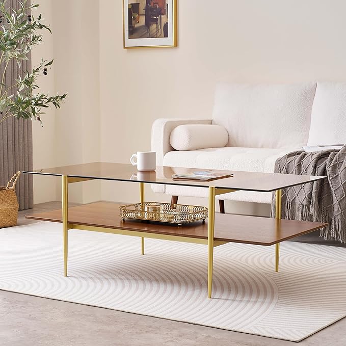 LumFurn Extra Large Rectangle Glass Coffee Table, Mid-Century Modern Design for Living Room, L47 x W24 x H17, Amber Glass Top and Walnut MDF Shelf, Sleek Conical Metal Legs with Gold Finish
