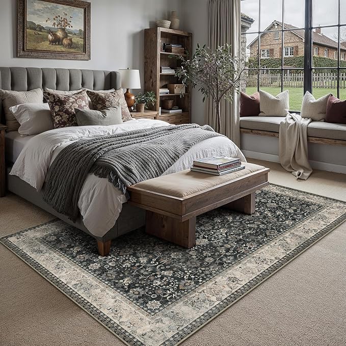 HUGEAR 8x10 Machine Washable Rugs Black Beige Hallway Large Area Rug Indoor Accent Rug Floral Low Pile Carpet Soft Throw Aesthetic Rug Bedroom Living Room Office Dining Room Laundry Room