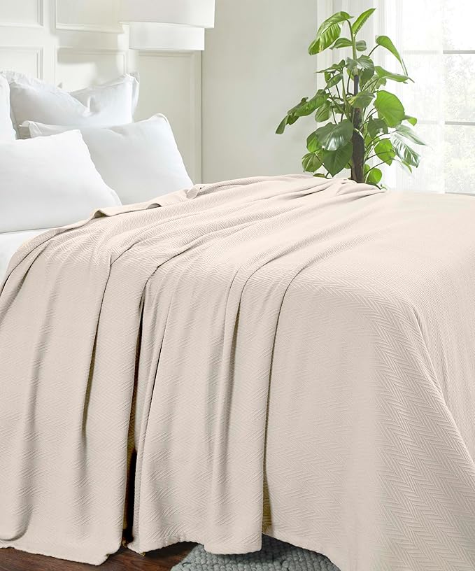 Superior Metro All-Season Cotton Blanket, Woven Blanket for Couch, Bed, Bedding, Farmhouse, Home Essentials, Cute and Cozy Bohemian Blankets, Herringbone Weave, Throw Size, Ivory