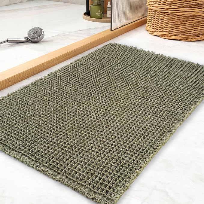 tchdio Waffle Bath Mat Rug, Super Absorbent Non Slip Bath Mats for Bathroom Mat Ultra Soft Bathmat Machine Washable Bathroom Rugs with Tassels, Bath Rugs Beside Tub, 18" x 30"