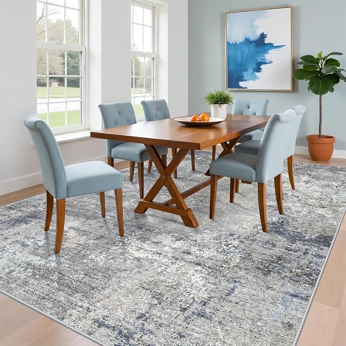 7x10 Rug for Living Room Washable – Non-Slip Soft Carpet for Bedroom Dining Room,Modern Neutral Abstract Low Pile Stain-Resistant Area Rug(Blue Grey,7x10)