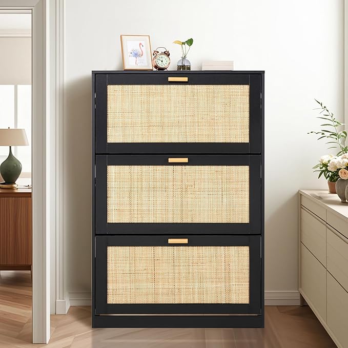 Finnhomy Extended Edition Shoe Cabinet with Natural Rattan Flip Drawers for Entryway, Free Standing 3 Tier Slim Shoe Organizer, Shoe Cabinet with 3-Gear Adjustable Width Drawers, Black