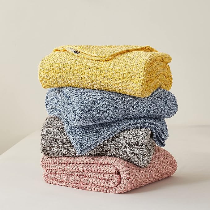Longhui bedding 100% Cotton Knitted Throw Blanket – Yellow, Soft & Cozy, Machine Washable, 60"x80" – Perfect for Living Room, Couch, Sofa, Bed or Travel