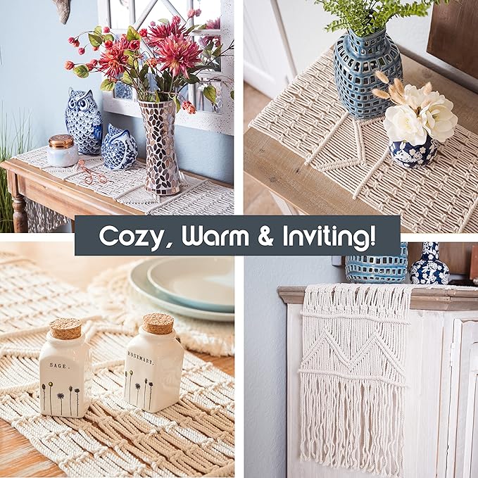 SnugLife Macrame Table Runner Long | Boho Table Runner | Wedding Table Decor | Vintage Farmhouse and Bohemian Dining Room Style (13" Wx100 L)