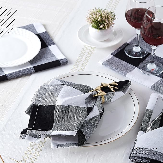 Encasa XO Cotton Cloth Napkins Set of 6, 17"x17" | Washable & Reusable Dinner Napkins Buffalo Black Checks Table Napkins for Farmhouse, Wedding, Holiday, Party & Everyday Dining