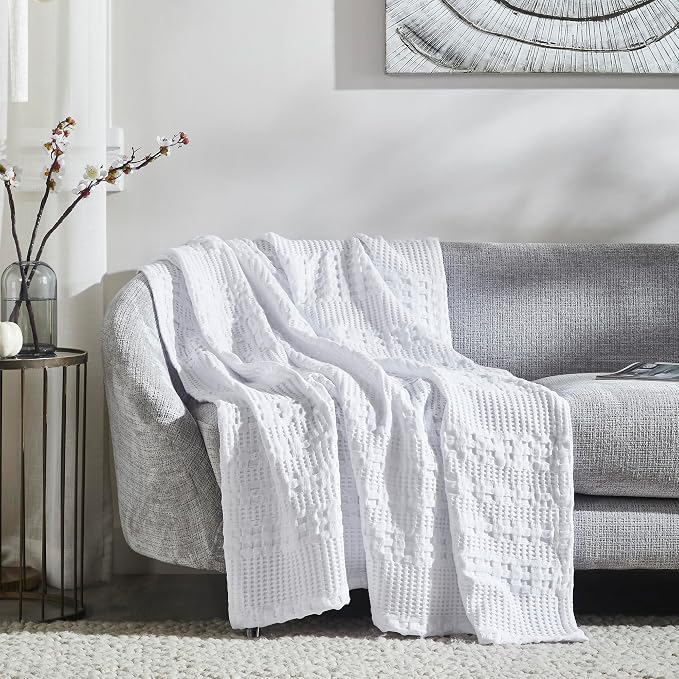 VHC Brands 100% Cotton Waffle Weave White Throw 50x60, Decorative Cotton Throw Blanket, Boho Farmhouse Bedroom, Living Room Decor for Bed, Couch, or Sofa