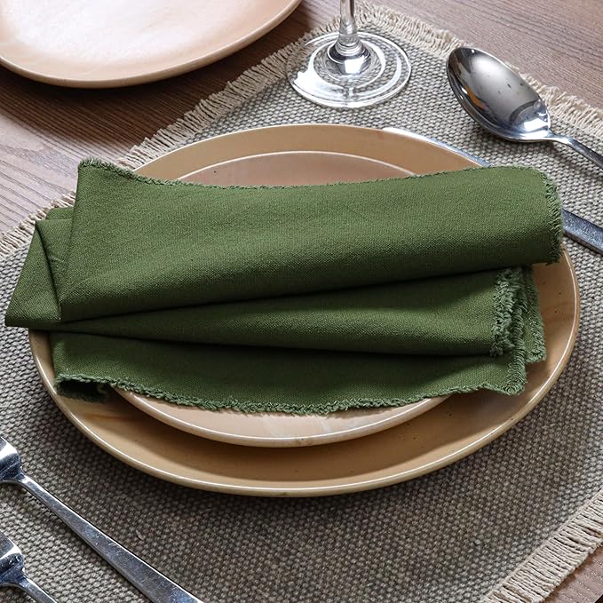 Palisa Premium Cotton Dinner Napkins Set of 4 | Olive Green Frayed Edge Rustic Farmhouse Table Linen | Soft Washable Long Lasting Durable Cloth Serviettes for Wedding Dining Decor 18x18 Inch