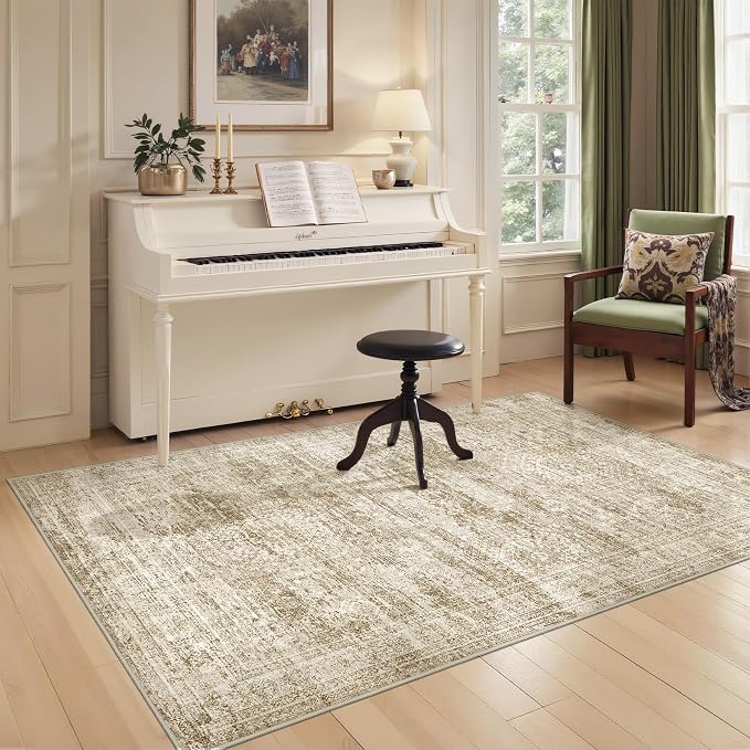 Area Rugs 4x6 for Living Room, Non-Slip Backing Small Kids Rugs for Bedroom, Vintage Abstract Rug Home Decor, Low Pile Soft Washable Rug for Kitchen, Dining Room(4'x6', Brown/Ivory)