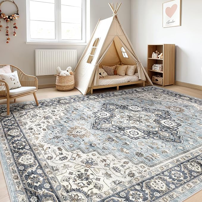 5x8 Area Rugs Living Room: Washable Boho Large Neutral Vintage Soft Rug Stain Resistant Farmhouse Non-Slip Indoor Floor Carpet for Bedroom Nursery Kids Playroom Office Dining Room- Blue Tan