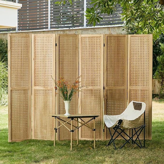 Pegboard Display, 5.6Ft Portable Freestanding Wall Organizer Wooden Room Divider Folding Privacy Screens for Craft Art Display Board (6 Panels, Natural)