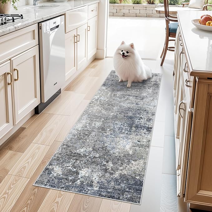 2x5 Rug Runner Non-Slip Washable– Modern Neutral Abstract Kitchen Bathroom Hallway Bedroom Area Rug – Soft Thin Low-Pile Small Short Floor Mat (Blue Grey,2x5)