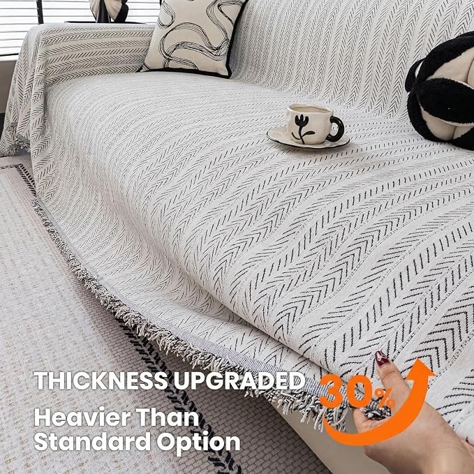 Chenille Couch Cover for Sofa Non Slip Cover Washable Pet Scratch Couch Covers Tassel Sofa Slipcover for 3 Cushion Couch Furniture Protector Blanket for Living Room,Beige 91"x150"