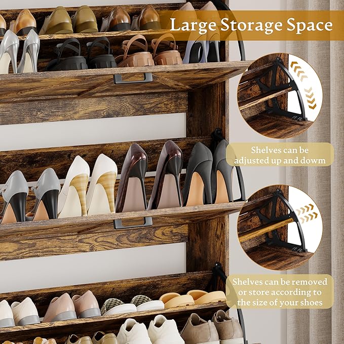 Wodeer Shoe Cabinet Storage for Entryway, Shoe Storage Cabinet with 3 Flip Drawers, Freestanding Narrow Shoe Rack Organizer with Metal Legs & Side Hook for Foyer, Hallway, Brown