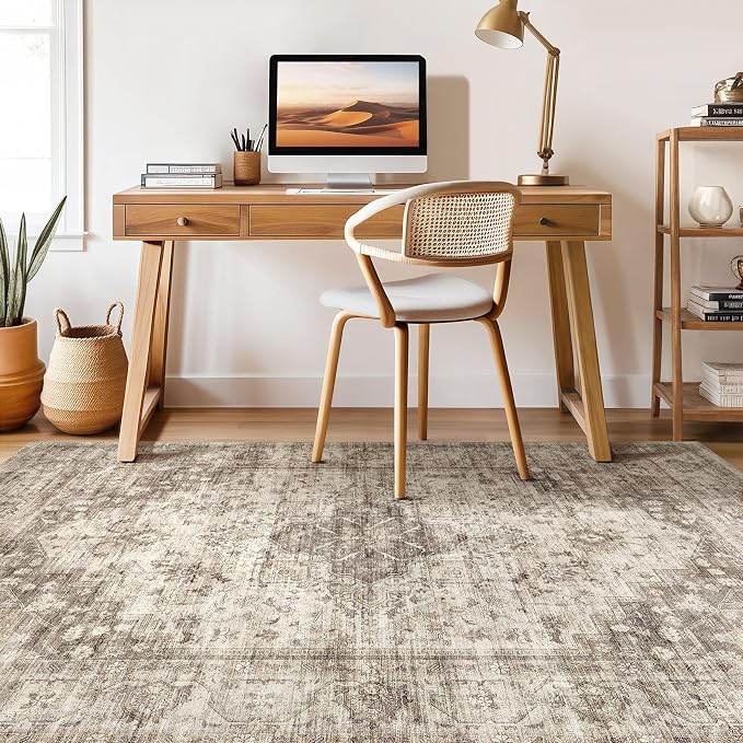 8x10 Area Rugs Living Room: Washable Boho Large Neutral Vintage Soft Rug Stain Resistant Farmhouse Non Slip Indoor Floor Carpet for Bedroom Nursery Kids Playroom Office Dining Room- Tan