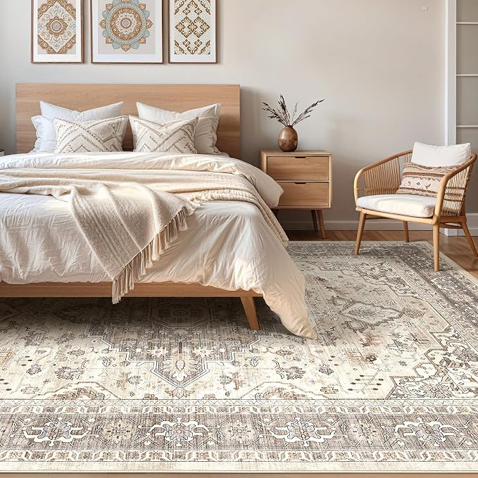 10x13 Area Rugs Living Room: Washable Boho Large Neutral Vintage Soft Rug Stain Resistant Farmhouse Non Slip Indoor Floor Carpet for Bedroom Nursery Kids Playroom Office Dining Room- Beige Brown