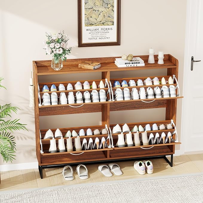 47.2" Shoe Cabinet Storage for Entryway, Narrow Wood Shoe Organizer with 4 Flip Drawers & Adjustable Shelves,Freestanding Hidden Shoe Storage Organizer with Hooks for Entryway, Foyer, Hallway, Walnut
