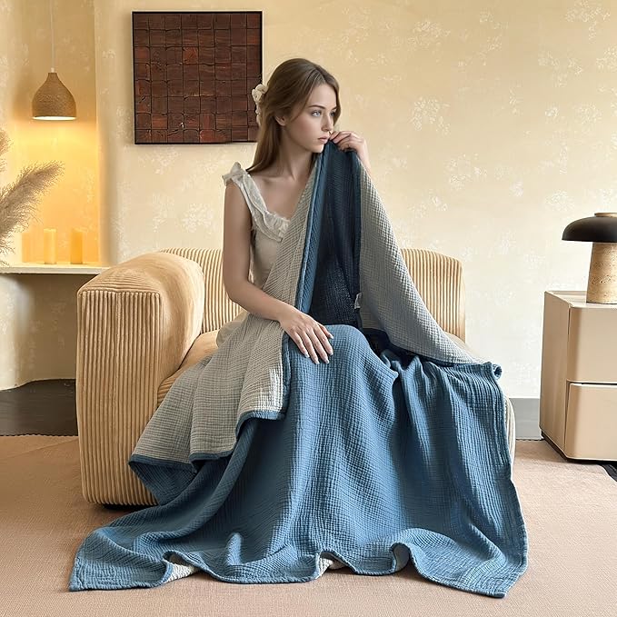 Simple&Opulence 100% Cotton Muslin Blanket Queen Size, Lightweight Breathable 4 Layering Gauze Blanket for Bed Couch Camping, Soft Bedspread Coverlet All-Season Use (Dusty Blue, 88" x 92")