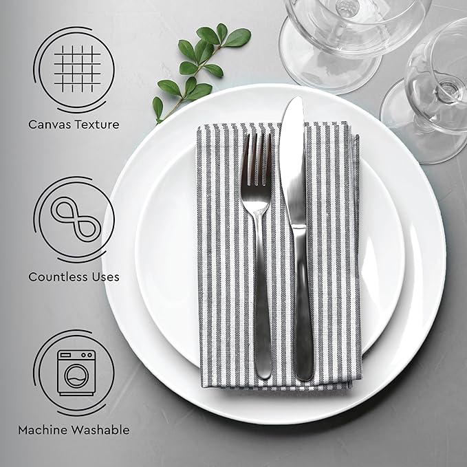 Encasa XO Cotton Cloth Napkins Set of 6, 18"x18" | Washable & Reusable Dinner Napkins Ticking Black Table Napkins for Farmhouse, Wedding, Holiday, Party & Everyday Dining