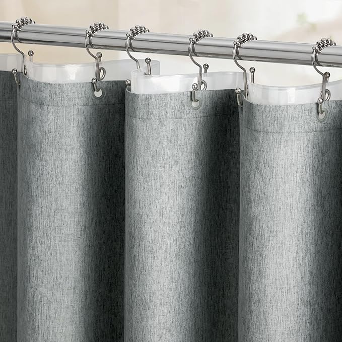 BTTN 3 in 1 Shower Curtain Set - 90 Inch Extra Long Linen Textured Cloth Shower Curtain Liner with Plastic Hook, Modern Hotel Luxury Waterproof Fabric Shower Curtain for Bathroom, Grey/Gray, 72x90