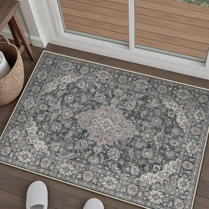 HUGEAR 2x3 Entryway Area Rug Retro Black Small Rug Machine Washable Door Mat Vintage Floral Low Pile Carpet Distressed Throw Rug Entrance Kitchen Bathroom Bedroom Office Non Slip Soft Lightweight