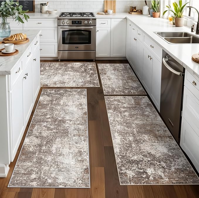 4-Piece Kitchen Rug Set with Runner – Washable Non-Slip Floor Mats for Sink,Entryway,Hallway,Bathroom – Modern Abstract Neutral Soft Throw Rugs(Brown Beige,2x3+2x4+2x5+2x6)