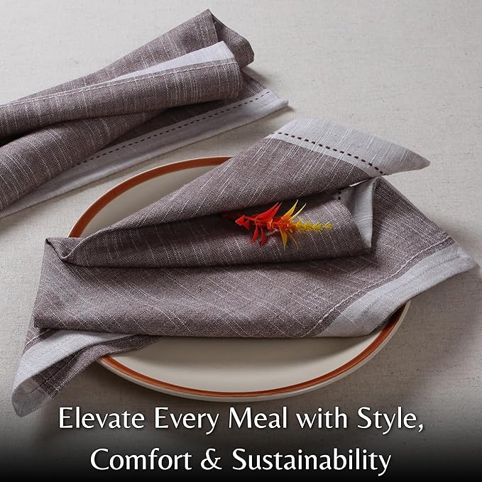 Palisa Cotton Cloth Dinner Napkins Set of 12 Contrast Boarder Napkin for Dinning Table Linen Decor Everyday Party Use Wedding Reception Farmhouse 18x18 Inch – Brown