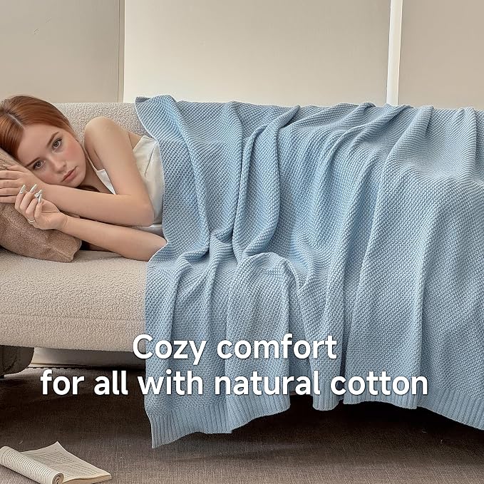 Simple&Opulence 100% Cotton Blanket Queen Size, Solid Color Cable Knitted Blanket Super Soft Comfortable Breathable Decorative Farmhouse for Couch Sofa Bed, All Season Use(Winter Blue,90x90)