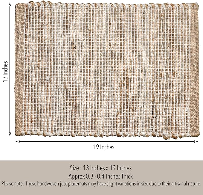 Chardin Home Natural Jute and Ivory Placemats, Set of 4 – Rustic Handmade Boho Table Mats, 13x19 Inch Dining Table Placemats for Kitchen, Everyday Meals, Holidays, Farmhouse or Modern Table Décor