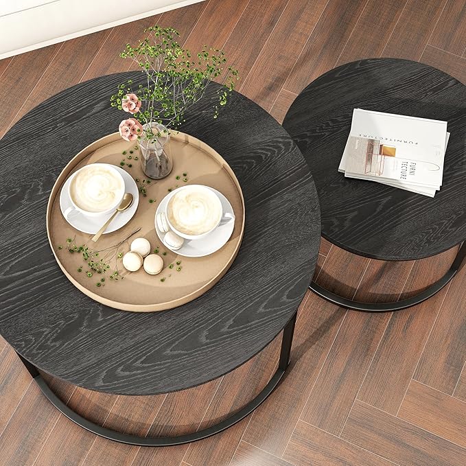 HOJINLINERO Round Coffee Table,Nesting Coffee Table Set of 2,Center Tables for Living Room,Office, Home Small Space,Stacking Side Tables,Sturdy and Easy Assembly,Wood Desktop,Black,Large