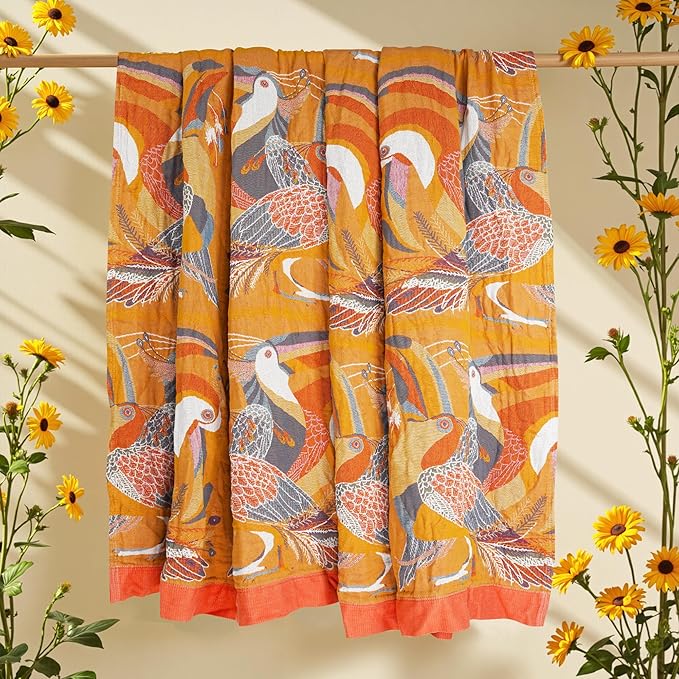 VANJOROY Boho Large Throw Blanket, 100% Organic Muslin Cotton Breathable Soft Bed Throw - Floral Bird Farmhouse Decor Blanket for Sofa Couch Chair Quilt and Gift. 80" x 90"- Colorful
