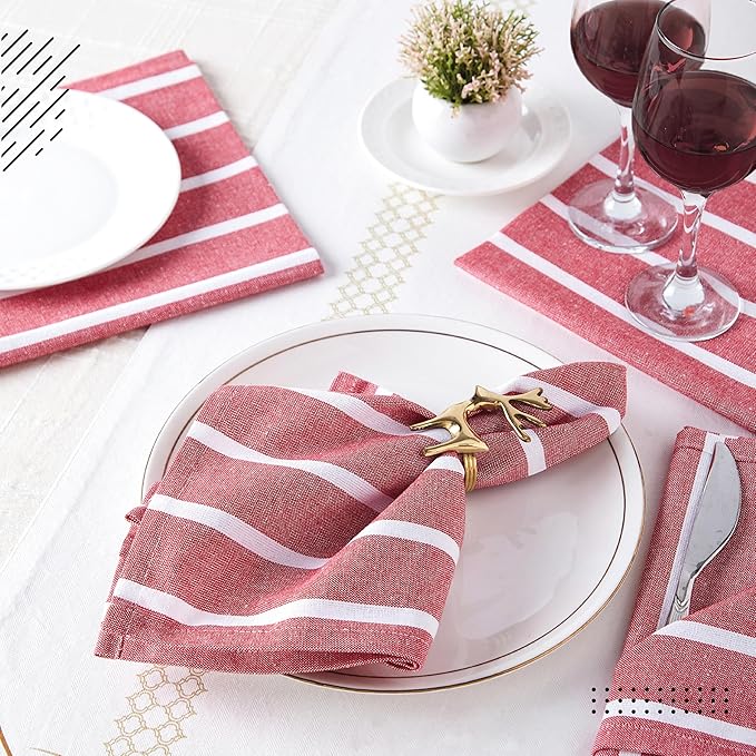 Encasa XO Cotton Cloth Napkins Set of 6, 17"x17" | Washable & Reusable Dinner Napkins Roma Red Stripes Table Napkins for Farmhouse, Wedding, Holiday, Party & Everyday Dining