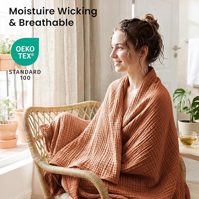 Love's cabin Cooling Muslin Blanket Twin Size, 50% Rayon Derived from Bamboo, 50% Cotton, 4-Layer Lightweight Breathable Summer Gauze Blanket for Bed, Hot Sleepers and Kids, 60"x80", Terracotta