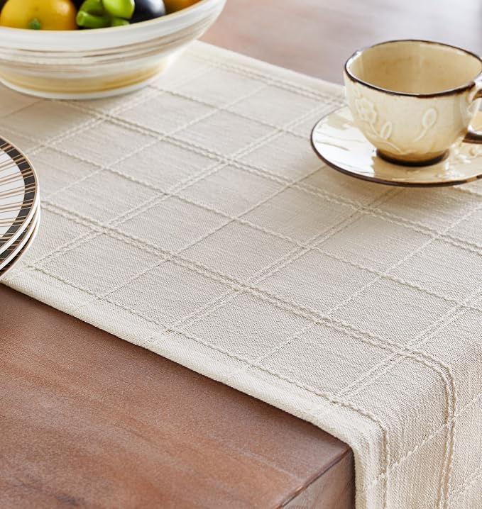 ZeeMart Linen Checked Farmhouse Table Runner, 13x60 Inches Ivory | Raised Grid Design, Rich Woven Texture, Linen Blend Table Runners 60 Inches Long, Machine Washable, Boho Home Kitchen Decor