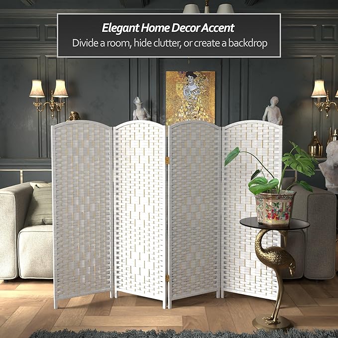 Red Lantern 4 ft. Short Diamond Weave Fiber Folding Screen - White - 4 Panel