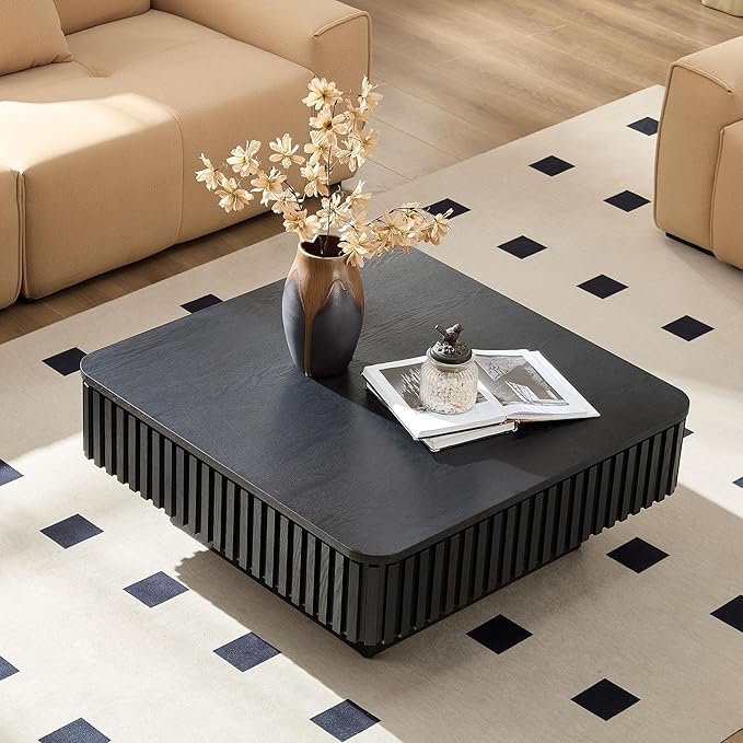 Lift-top Coffee Table with Storage for Living Room Office, Modern Square Fluted Coffee Table, 35.43" Wood Dining Center Tables with Large Hidden Space - Black