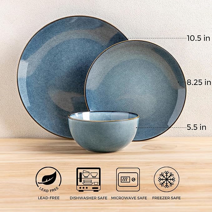 GBHOME Ceramic Dinnerware Sets for 8, 24 Pieces Stoneware Plates and Bowls Sets, Reactive Glaze Dishes -Scratch Resistant, Dishwasher&Microwave Safe-Space Blue