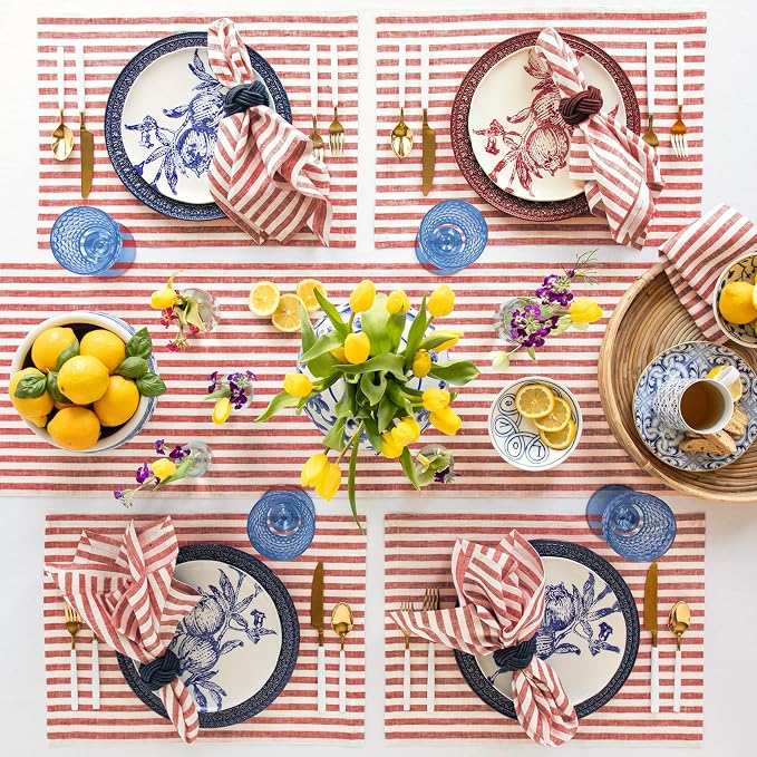 Solino Home Linen Table Runner 72 Inches Long - Amalfi Stripe, 100% Pure Linen Red and White Table Runner 14 x 72 Inch for Dining, Dresser, Summer, 4th of July