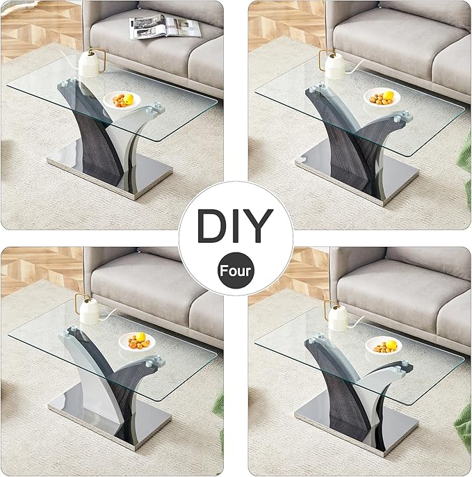 39'' Glass Coffee Table for Living Room,Rectangle Clear Center Table,Modern Glass Sofa Coffee Table with Tempered Glass Top and MDF Thickened Base