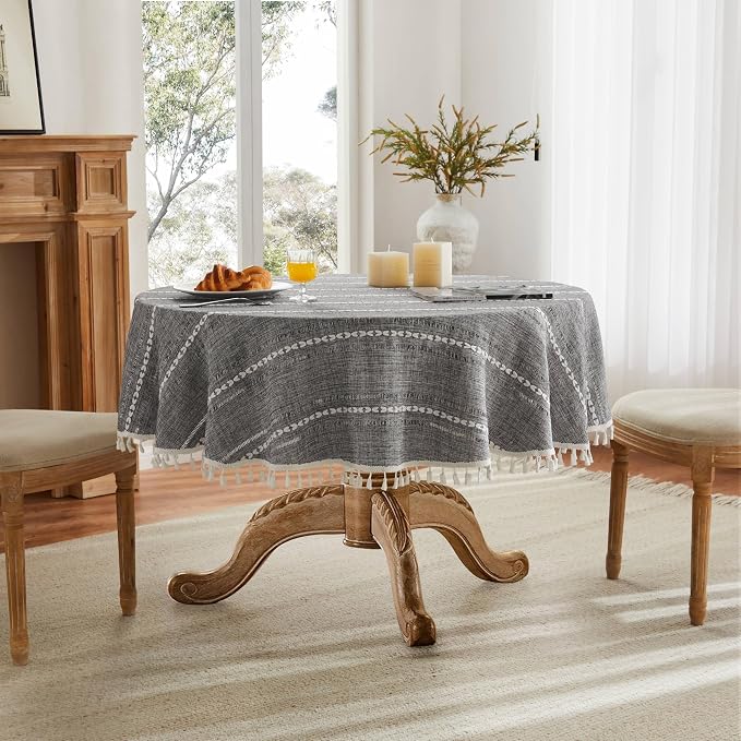 ZeeMart Hemstitched Embroidery Striped Boho Tablecloth 54 Inch Round Charcoal, Heavy Weight Farmhouse Burlap Linen Grey Tablecloth, Wrinkle Resistant Washable Table Cloth for Round Table ﻿