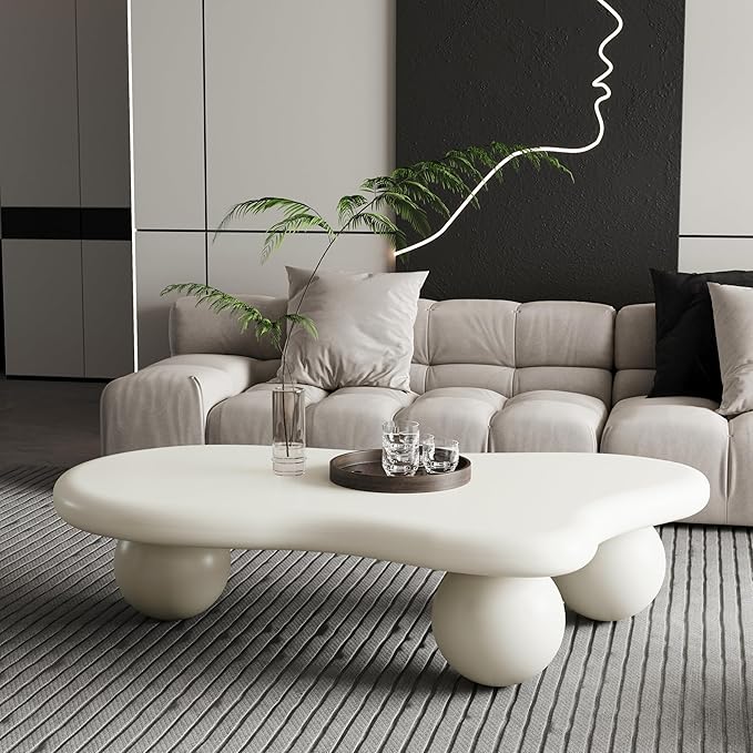 40" Modern White Coffee Table Cloud Shape Low Center Table Cute Irregular Indoor Tea Table with 3 Ball Legs for Living Room Small Space